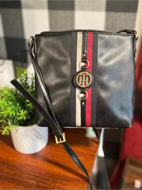 Tommy Hilfiger Black Crossbody with Red and White Signature Stripe